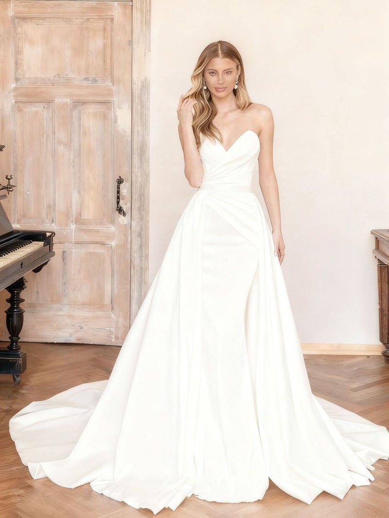 New Two-Wear Hip Satin Tube Dress Detachable Tail Wedding Dress Elegant Temperament Queen Banquet Dress - Image 1